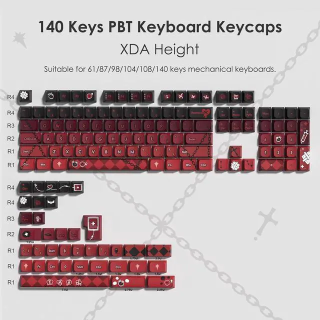 Alt view image 2 of 7 - 140 Custom Keycaps, XDA Height Fadeless PBT Keycap Set 5 Side Dye Sublimation Custom Keycaps for 61, 87, 98, 104, 108, 140 Keys Mechanical Keyboard (Gradient Red)