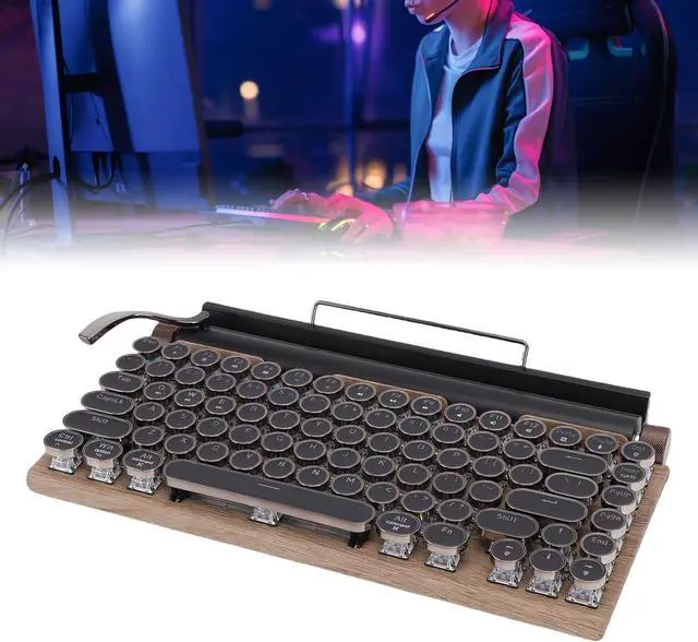 Alt view image 5 of 7 - Yoidesu Retro Typewriter Mechanical Gaming Keyboard, Vintage Style Computer Keyboard with Round Keycaps, Wireless Bluetooth and Wired 2.4G, RGB Backlight, for PC Laptop Tablet Phone (Wood Color)