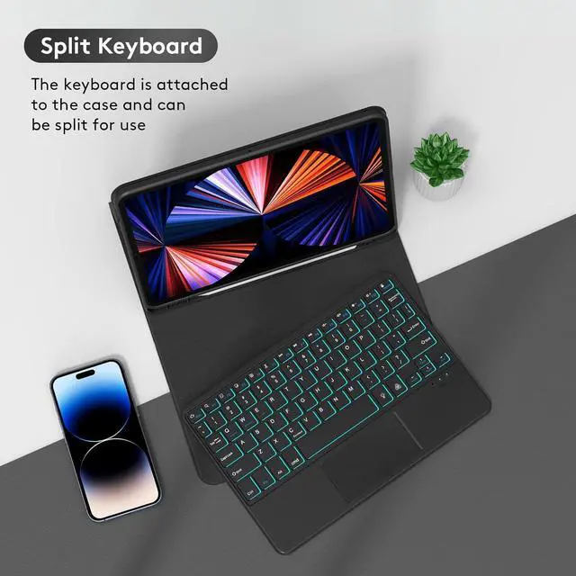 Alt view image 2 of 7 - Wireless BT Backlit Keyboard with PU Leather Protecting Case for Compatible with iPad Air 4/iPad Air5/iPad Pro 11in 2018/iPad 11in 2020/2021/2022 USB Keypad