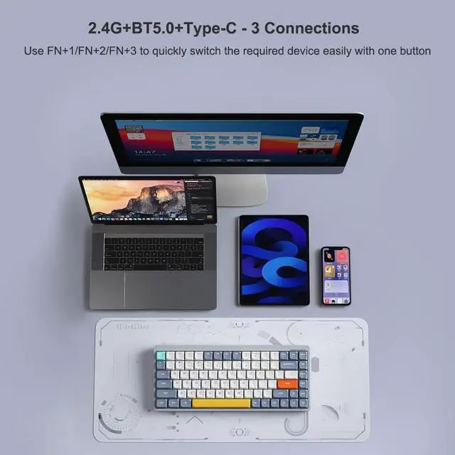 Alt view image 4 of 7 - Mechanical Keyboard 84 Keys +BT5.0+Type-C 3 Connections 75% Low Profile Layout Keyboards Light Effect Support -swappable r Laptop Phone OU Switches BE-BL -swappable