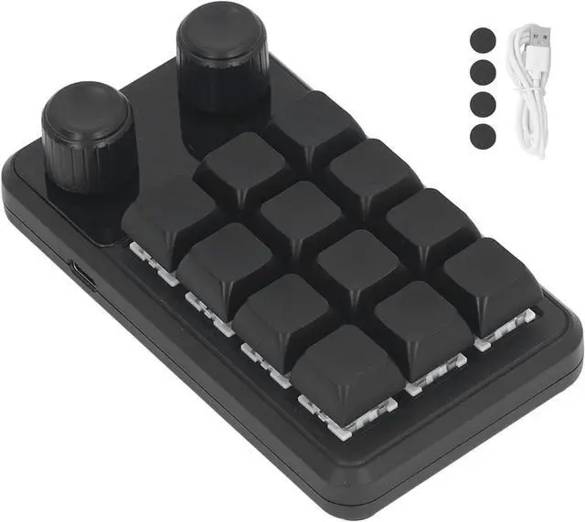 Main image of BORDSTRACT Mini Gaming Keypad, 12 Keys 2 Knobs Blue Switch Black Programming Macro Keypad with RGB Light for Industry