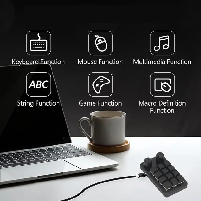 Alt view image 4 of 7 - BORDSTRACT Mini Gaming Keypad, 12 Keys 2 Knobs Blue Switch Black Programming Macro Keypad with RGB Light for Industry