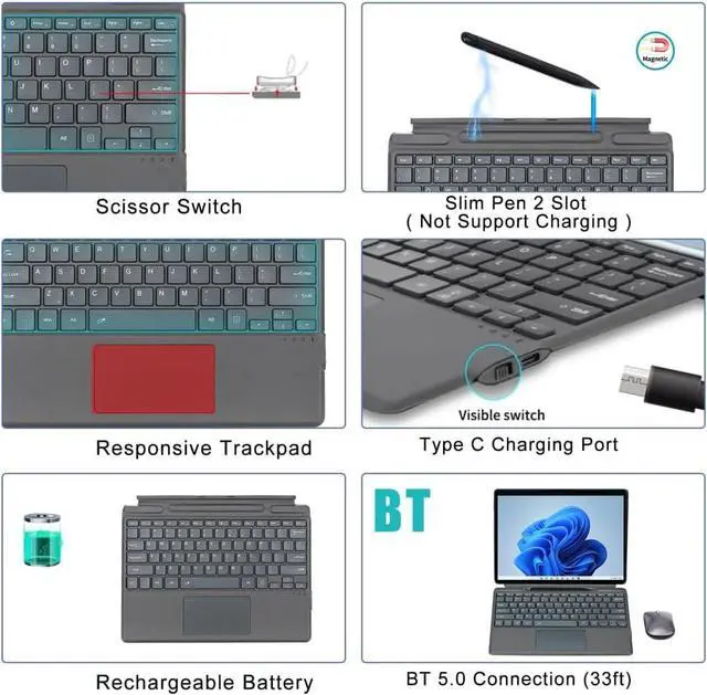 Alt view image 2 of 7 - Keyboard Backlit/Non-Backlit Compact Layout Long Battery Life Ergonomic Design Lightweight Compatible with Surface Pro 8/9/X Tablets Ideal for Office Workers and Students