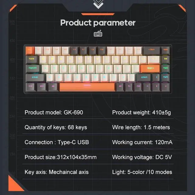 Alt view image 2 of 6 - 68-Key Mechanical Keyboard 68 Keys Layout FN Shortcut Full -Ghosting Backlight Multiple 0 Lighting Modes Detachable Cable Dual-Color Injection Keycaps Durabili Multi-System Black & Low Blue axis