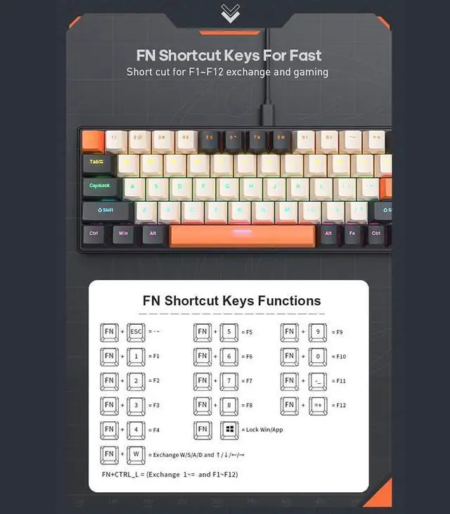 Alt view image 4 of 6 - 68-Key Mechanical Keyboard 68 Keys Layout FN Shortcut Full -Ghosting Backlight Multiple 0 Lighting Modes Detachable Cable Dual-Color Injection Keycaps Durabili Multi-System Black & Low Blue axis