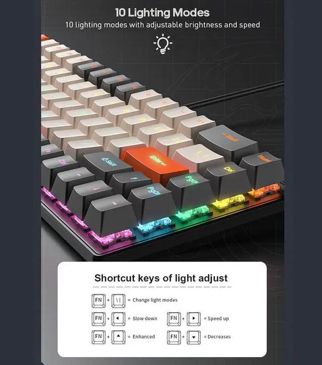 Alt view image 3 of 6 - 68-Key Mechanical Keyboard 68 Keys Layout FN Shortcut Full -Ghosting Backlight Multiple 0 Lighting Modes Detachable Cable Dual-Color Injection Keycaps Durabili Multi-System Black & Low Blue axis