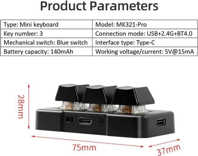 Alt view image 4 of 7 - MK321-Pro 3-Key Customized Keyboard with Mechanical Blue Switch USB+2.4G+BT Connection for Office Game Multimedia Black