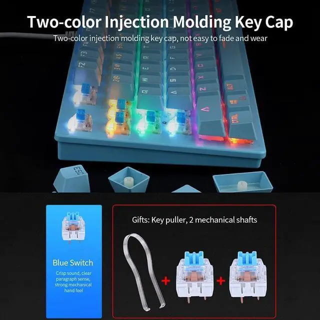 Alt view image 5 of 7 - 87 Keys Wired Mechanical Keyboard xed Light Mechanical Keyboard with Mechanical Blue Switch Suspension Button
