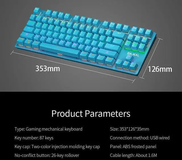 Alt view image 6 of 7 - 87 Keys Wired Mechanical Keyboard xed Light Mechanical Keyboard with Mechanical Blue Switch Suspension Button