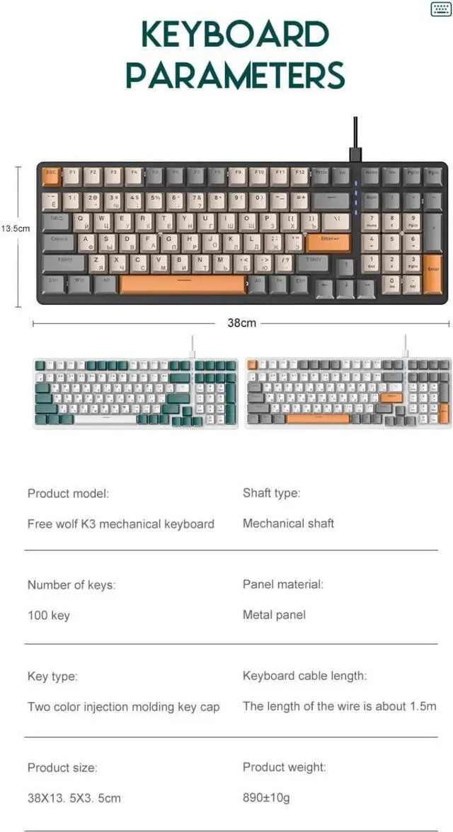 Alt view image 6 of 7 - K3 Mechanical Keyboard 00 Keys Customised Gaming Office Gaming Computer Keyboard Full Key punc Multiple Light Effects Personalised keycaps Wired Keyboard Green Water Green Version red axis