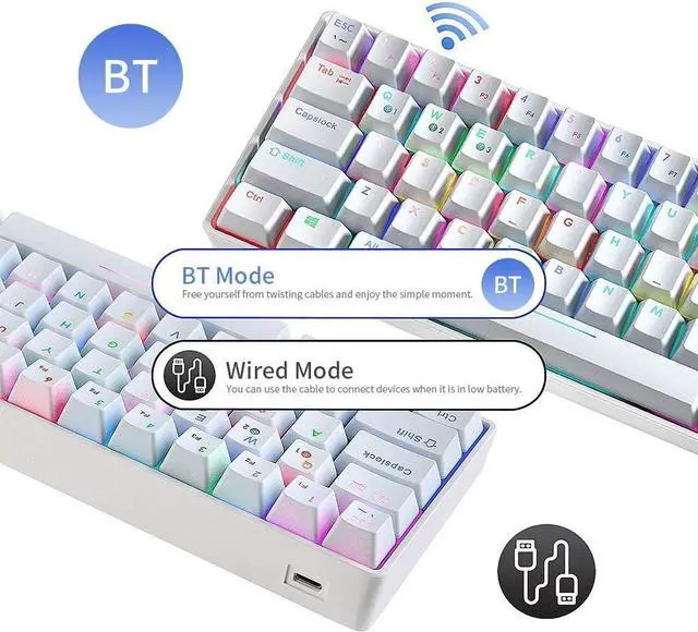 Alt view image 2 of 3 - Compact Mechanical Multi-Device Keyboard with 64 Keys & Wired Mode 8 Backlit Effects N-Key Rollover White Blue Switches