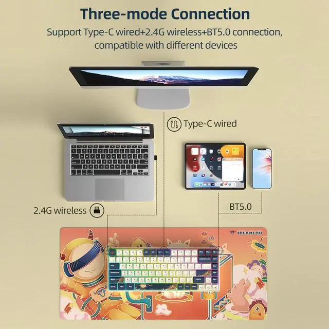 Alt view image 2 of 7 - K84 84 Keys Three-Mode Mechanical Keyboard 5.0+2.4G+Wired Connection P Keycaps Red (Gateron Silver Switches)
