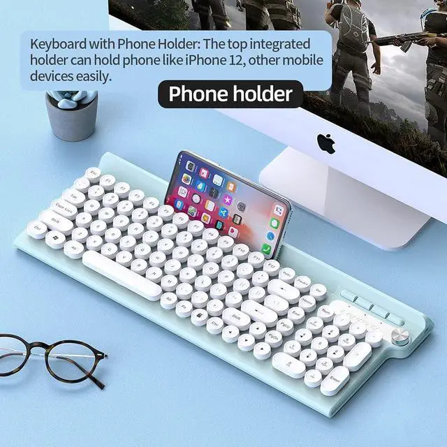 Alt view image 6 of 7 - Keyboard Combo Quiet Operation Auto Sleep Mode Multifunctional Buttons Retro Round Key Caps Phone Holder, Black