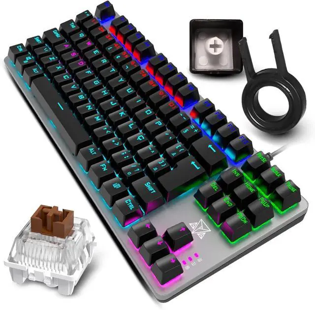 Alt view image 2 of 4 - Wired/Dual Mode 87 Keys Blue Switch Mechanical Keyboard Backlit Gaming Keyboard Built-in Battery Aluminium Alloy Panel r Desktop/Laptop (Black)  Black & Dark Brown