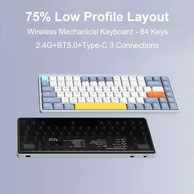 Alt view image 7 of 7 - Mechanical Keyboard 84 Keys +BT5.0+Type-C 3 Connections 75% Low Profile Layout Keyboards Light Effect Support -swappable r Laptop Phone OU Switches BE-BL -swappable