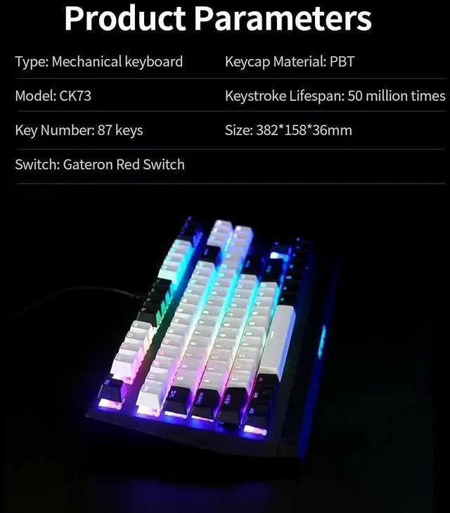 Alt view image 7 of 7 - CK73 Wired Mechanical Keyboard 87 Keys Gaming Keyboard Ergonomic Keyboard with P Keycap Gateron Red Switches