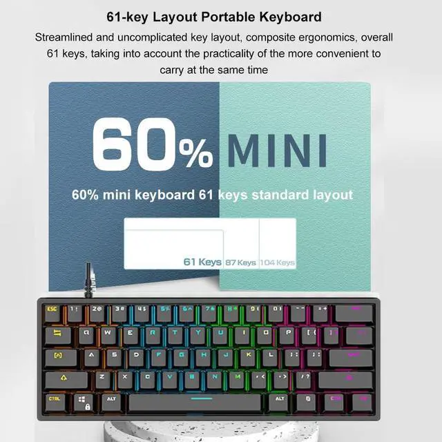 Alt view image 6 of 7 - Mechanical Keyboard 61-Key Gaming Keyboard Blue Switches and Compact Design Various Backlit Ergonomic Design r OS Li and