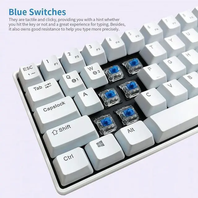 Alt view image 3 of 3 - Compact Mechanical Multi-Device Keyboard with 64 Keys & Wired Mode 8 Backlit Effects N-Key Rollover White Blue Switches