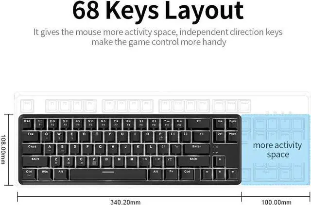 Alt view image 3 of 7 - K680T Wired& Dual-Mode Mechanical Keyboard 68 Keys Compact White Backlight Mechanical Keyboard Black with Blue Switches