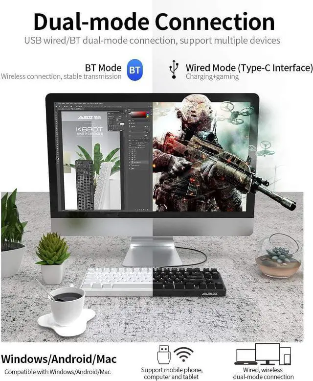 Alt view image 5 of 7 - K680T Wired& Dual-Mode Mechanical Keyboard 68 Keys Compact White Backlight Mechanical Keyboard Black with Blue Switches