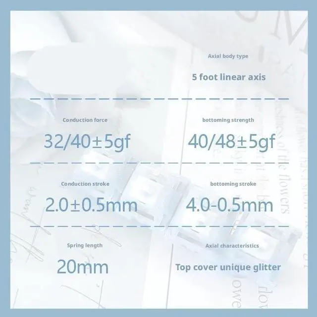Alt view image 4 of 5 - Linear Mechanical Keyboard Switches, 5-Pin Glitter Top Housing with 32/40gf Actuation, 20mm Spring, Transparent Blue for RGB Effects(32g,70PCS)
