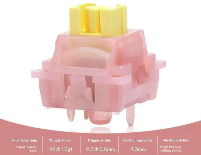 Alt view image 2 of 5 - 5-Pin Linear Mechanical Switch 40±10gf Actuation, Pink Housing with Yellow Stem, 3.3mm Travel, MX-Compatible, 50M Click Lifespan(70PCS)
