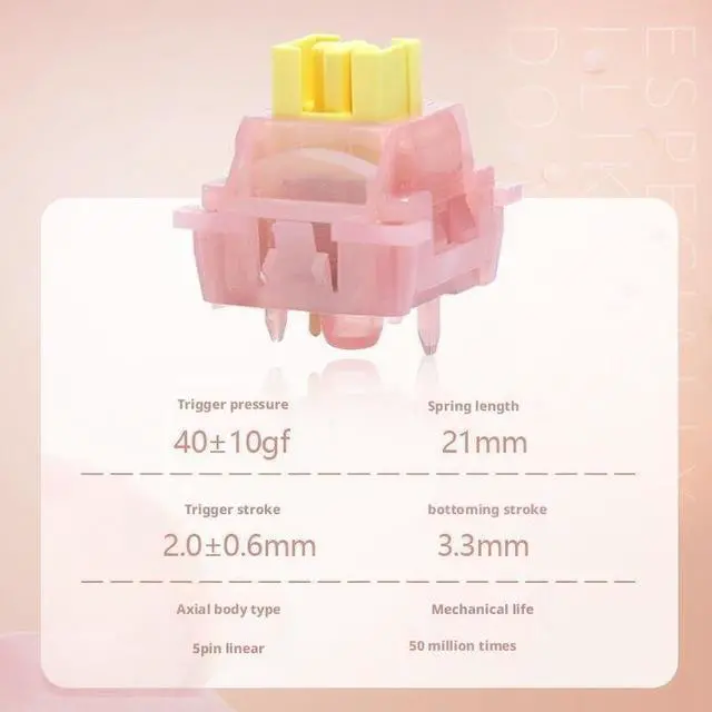 Alt view image 3 of 5 - 5-Pin Linear Mechanical Switch 40±10gf Actuation, Pink Housing with Yellow Stem, 3.3mm Travel, MX-Compatible, 50M Click Lifespan(70PCS)