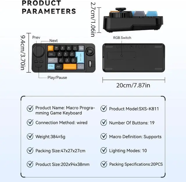 Alt view image 7 of 7 - Color Illuminated 19 Small Gaming Keyboard Customizable Joystick Double Macroword Wheel Hot Swappable Switch Hot Swappable Gaming Keyboard with Color Lighting