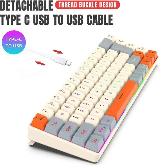 Alt view image 5 of 7 - baojielai ARGB Backlits Gaming Keyboard 68Keys, Ergonomic USB Wire Keyboard with Detachable USB C Cable for PC Users