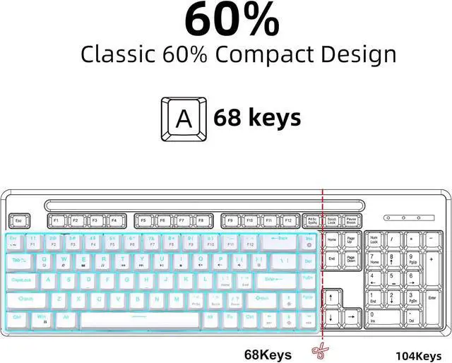 Alt view image 6 of 7 - ROYALEAD 68 Key Gaming Keyboard Double Shot Clicky Switches LED Lighting Option USB C 60% Small Keypad