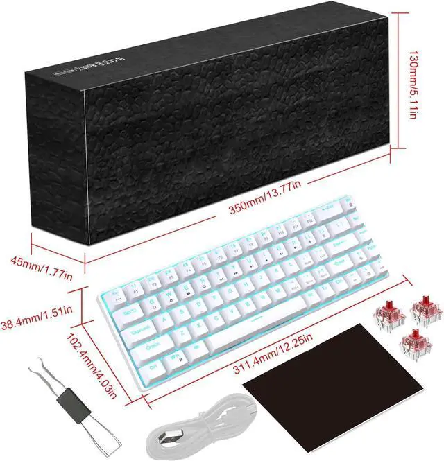 Alt view image 7 of 7 - ROYALEAD 68 Key Gaming Keyboard Double Shot Clicky Switches LED Lighting Option USB C 60% Small Keypad