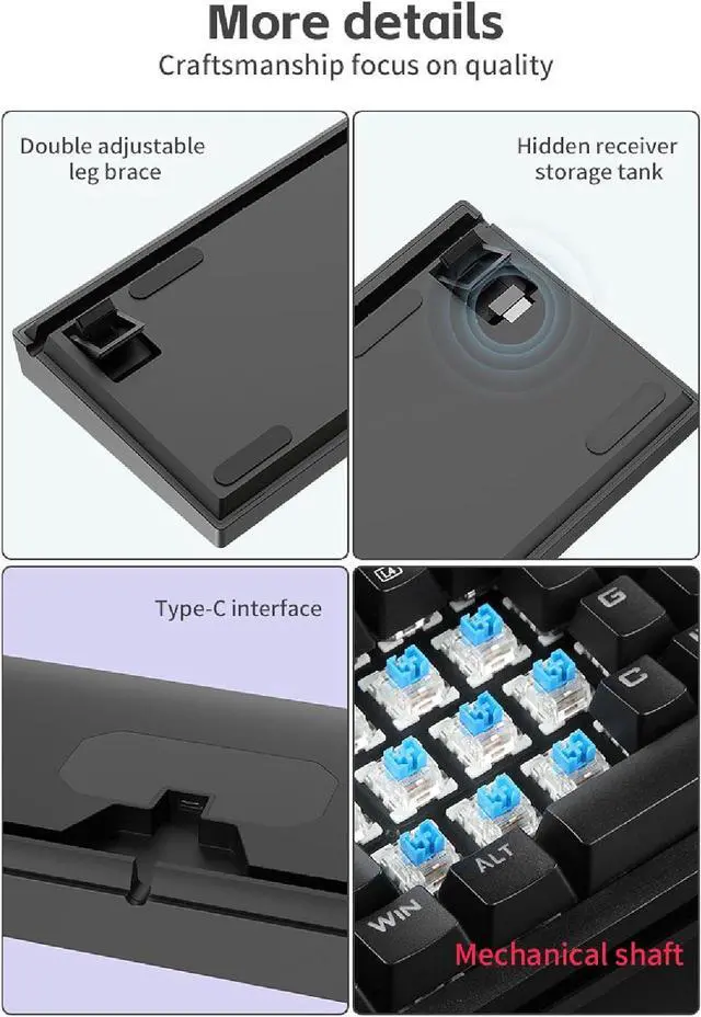 Alt view image 6 of 7 - Luocute 3 Mode Wireless Mechanical Gaming Keyboard, BT 5.0, 16 Backlight Modes, 3000mAh Battery, Hot Swappable, 108 Key Mechanical Keyboard, with Blue Switches, for Staggered Key Layout