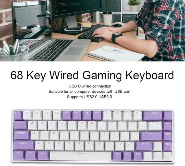 Alt view image 7 of 7 - 68 Key Red Switch Mechanical Keyboard, RGB Backlit, 60% Compact Layout, USB C Wired Gaming Keyboard for PC with USB Port, Ergonomic Design, Blueberry Theme Keycaps