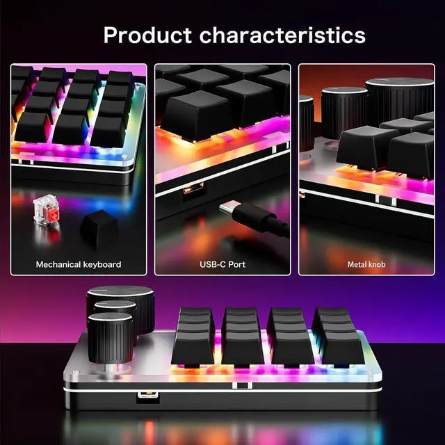 Alt view image 6 of 7 - Single Handed USB C Mechanical Gaming Keyboard Macro Programmable Keypad 16-Key 3 Knobs