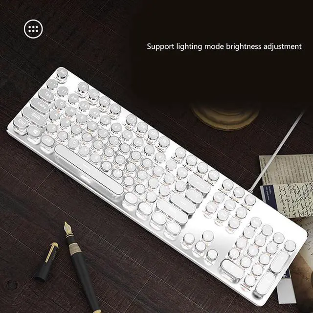 Alt view image 6 of 7 - Corded Typewriter Mechanical Keyboard Rainbow Backlight Retro Punk Round Keycap for 104 Keys Media Knob White