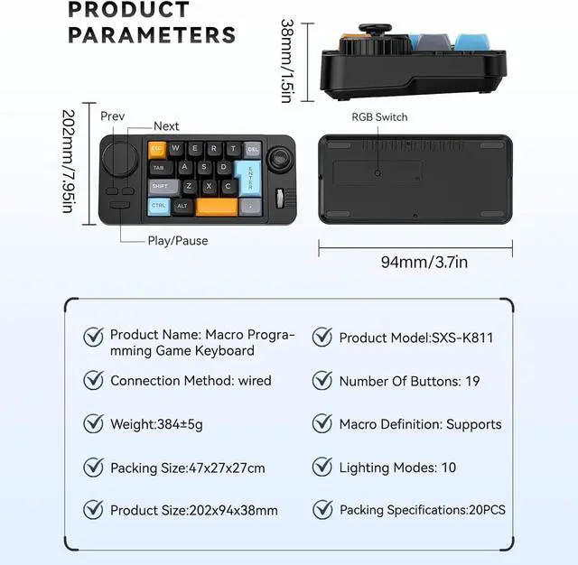 Alt view image 7 of 7 - Color Illumination 19 Keys Small Gaming Keyboard Customizable Joystick Double Macro Road Wheel Hot Swappable Switch Macro Programmable Double Scroll Wheel Keyboard