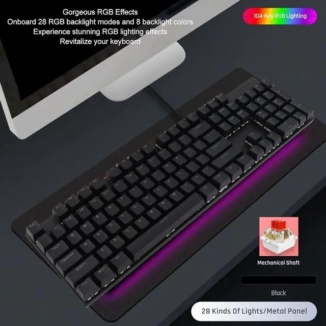 Alt view image 4 of 7 - Full Size Mechanical Keyboard 104 Keys USB Wired Mechanical Red Gaming Keyboard with Numeric Keypad RGB Backlight 28 Effects for Computer (Black)