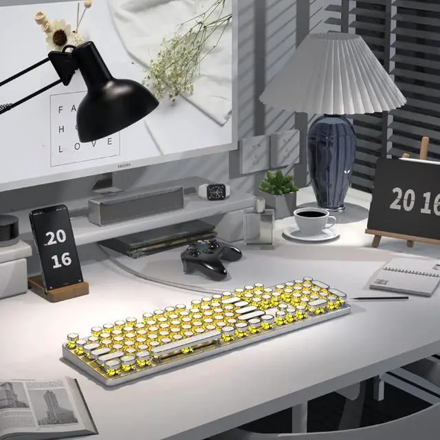 Alt view image 6 of 7 - 104-Key Mechanical Keyboard Corded with Clicky Switches White Backlit Vintage Round Keycaps Media Knob White Retro Punk Keycaps