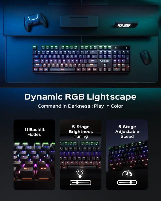 Alt view image 3 of 7 - wegear Mechanical Gaming Keyboard with Blue Switch, 104-Key Full Size RGB Backlit Wired Keyboard11 Modes, Anti-Ghosting, Double-Shot ABS Keycaps, Lighted Computer Key-Board for PC Windows-Black