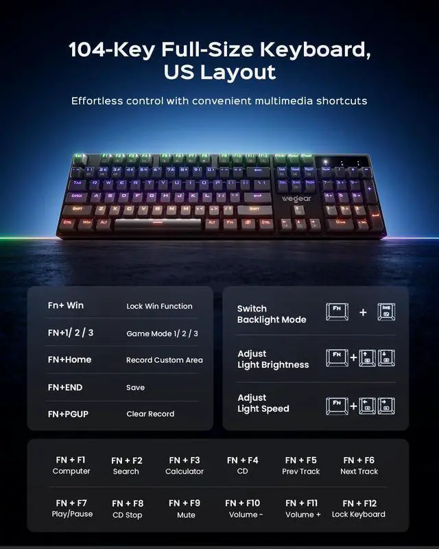 Alt view image 6 of 7 - wegear Mechanical Gaming Keyboard with Blue Switch, 104-Key Full Size RGB Backlit Wired Keyboard11 Modes, Anti-Ghosting, Double-Shot ABS Keycaps, Lighted Computer Key-Board for PC Windows-Black