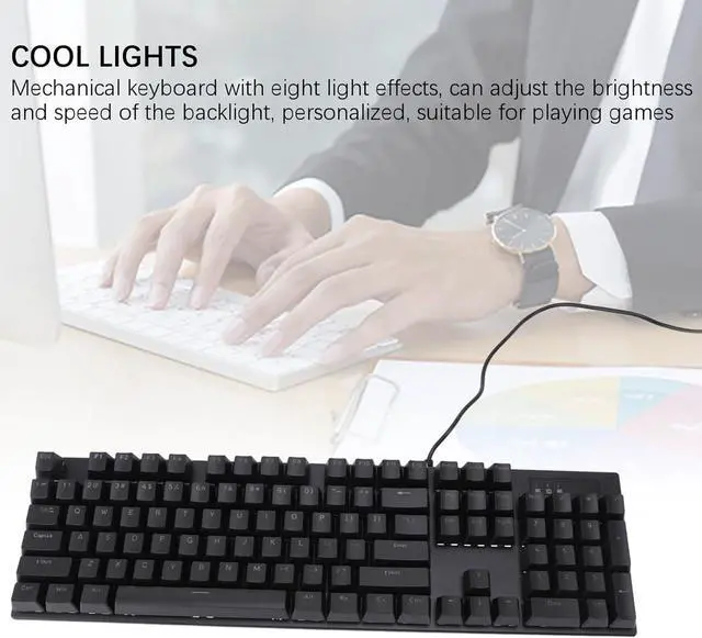 Alt view image 2 of 7 - Wired Mechanical Keyboard, 104 Keys Blue Switch, 8 Backlight Modes, USB 2.0 Interface, Ergonomic Design for Gaming and Office, Fast Response, Crisp Sound, Support Multi System