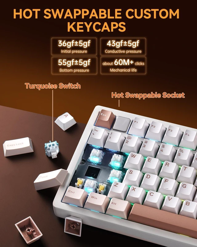 Alt view image 5 of 7 - AULA HI75C Pro Aluminum Alloy Gaming Keyboard Bluetooth/USB-C/Wireless Tri-Mode, Hot-Swappable Brown Creamy with Turquoise Switch, for Windows/Mac/Tablet Gamer