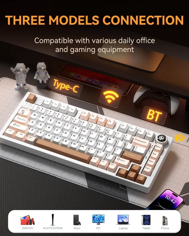 Alt view image 7 of 7 - AULA HI75C Pro Aluminum Alloy Gaming Keyboard Bluetooth/USB-C/Wireless Tri-Mode, Hot-Swappable Brown Creamy with Turquoise Switch, for Windows/Mac/Tablet Gamer