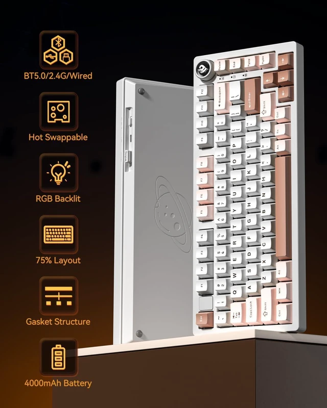 Alt view image 2 of 7 - AULA HI75C Pro Aluminum Alloy Gaming Keyboard Bluetooth/USB-C/Wireless Tri-Mode, Hot-Swappable Brown Creamy with Turquoise Switch, for Windows/Mac/Tablet Gamer