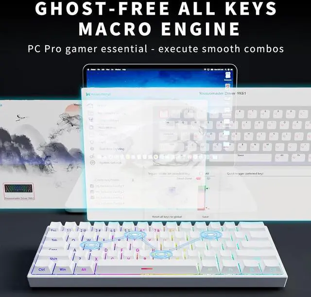 Alt view image 4 of 6 - Mini 60% Mechanical Gaming Keyboard Wired, YK61 Hall Effect Magnetic Switch, Adjustable Actuation Rapid Trigger Mode, 8K Hz Polling Rate, Hot-Swap, 61 Keys RGB Backlit Side Printed PBT Keycaps (White)