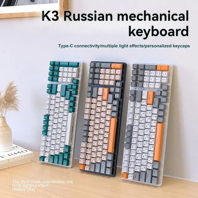 Alt view image 3 of 7 - sinraoee K3 Mechanical Keyboard Russian Mechanical Keyboard 100 Keys Gang Office Gang mputer Keyboard Full Keys No Punch Multiple Lit Effects Personsed Keys Wired Keyboard