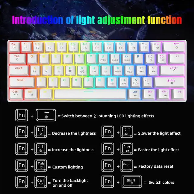 Alt view image 4 of 7 - V900 61 Key Mini Keyboard with Customizable Color Lighting for Gamers and Typists 2 Color Key Caps