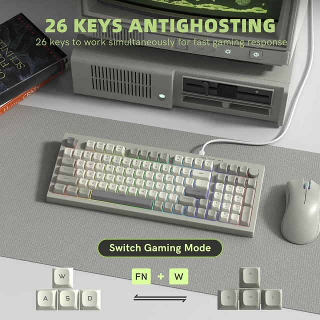 Alt view image 3 of 7 - DK98 Wired Gaming Keyboard Creamy Membrane with Rainbow RGB Backlight - Quiet,Volume Knob,Retro PBT Keycap 97 Key ANSI Layout Compatible with Windows 10/8.1/8/7 (Grey)