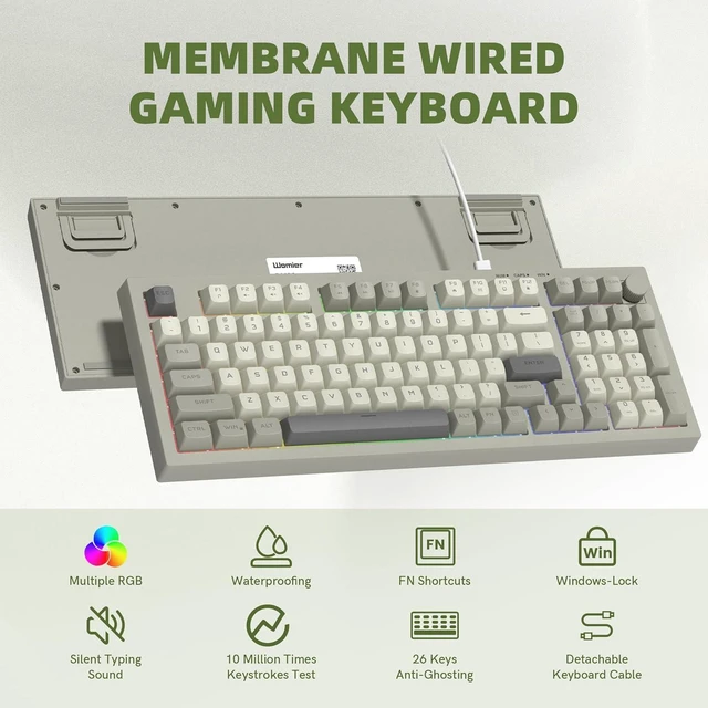 Alt view image 4 of 7 - DK98 Wired Gaming Keyboard Creamy Membrane with Rainbow RGB Backlight - Quiet,Volume Knob,Retro PBT Keycap 97 Key ANSI Layout Compatible with Windows 10/8.1/8/7 (Grey)