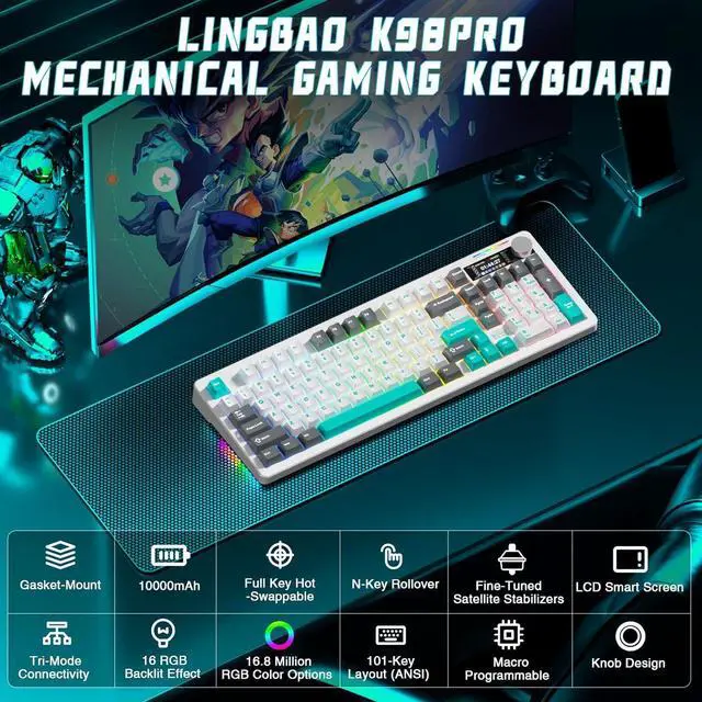 Alt view image 2 of 7 - LINGBAO K98 PRO 96% Mechanical Keyboard Wireless, with Screen & Knob, Creamy Gaming Keyboard, Tri-Mode BT5.0/2.4GHz/USB-C, Gasket Mount Hot-Swappable Linear Switches RGB Backlit Gamer Keyboards for PC